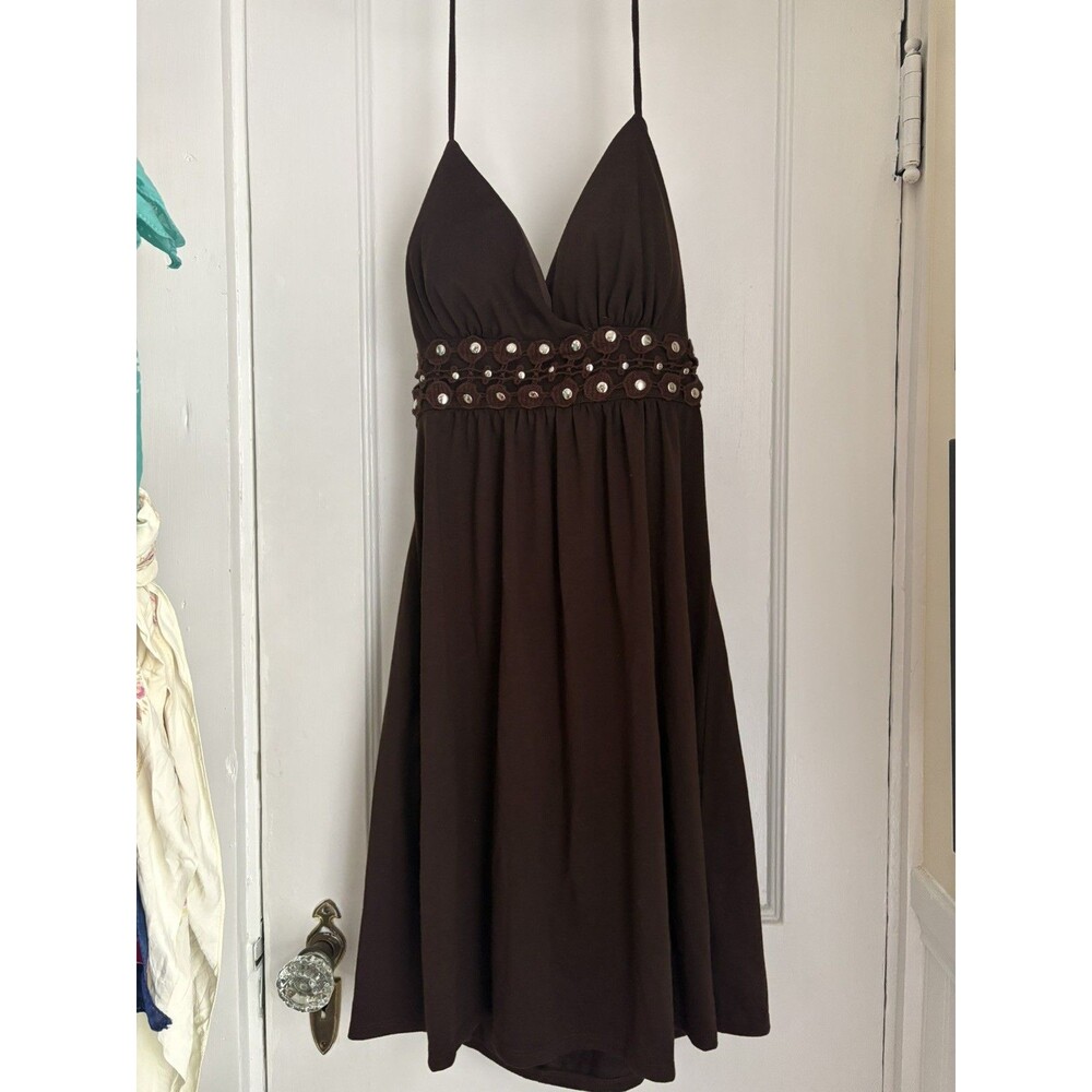 My Michelle Mini Halter Dress Womens S. Brown w/Rivets. Y2K